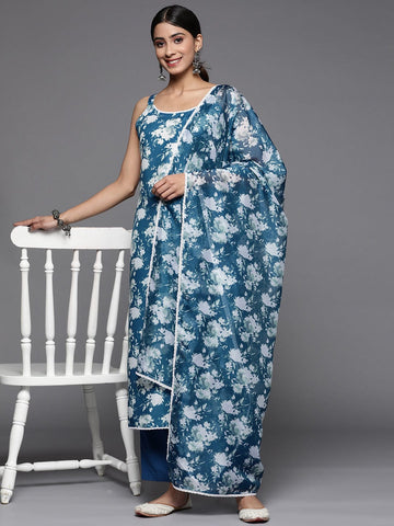 Varanga Women Blue Floral Printed Strap Style Straight Kurta Paired With Tonal Bottom And Dupatta